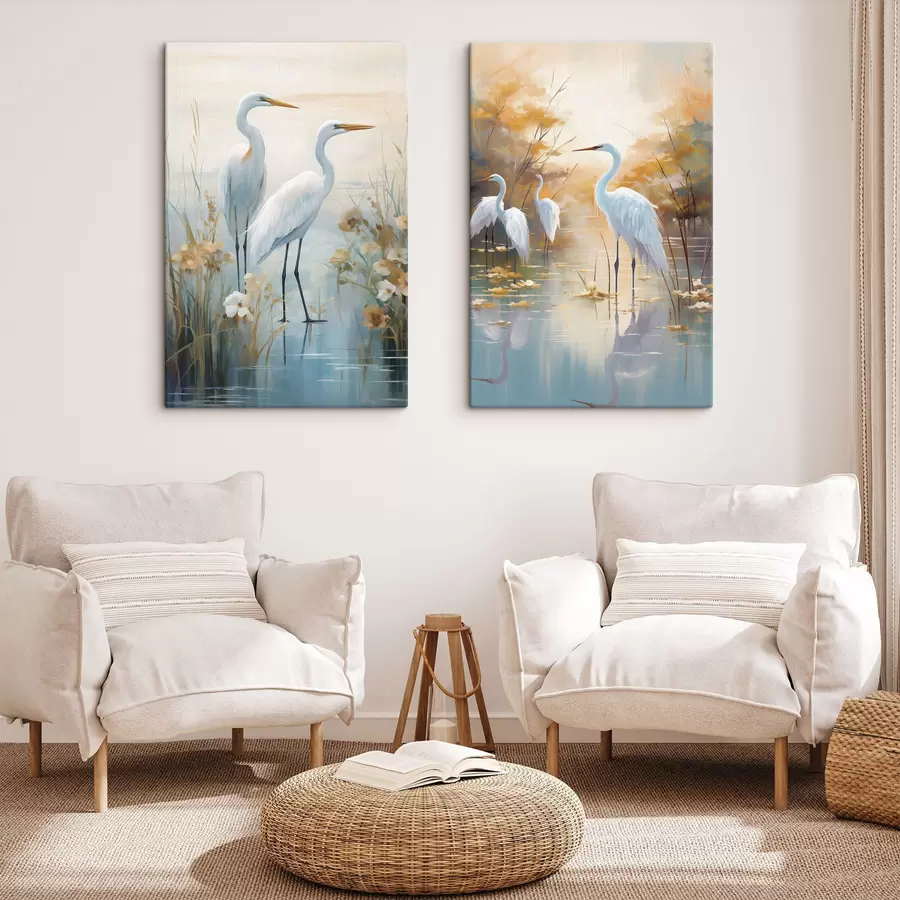 wall murals White egrets in shallow water with a soft, hazy background, landscape art m30569