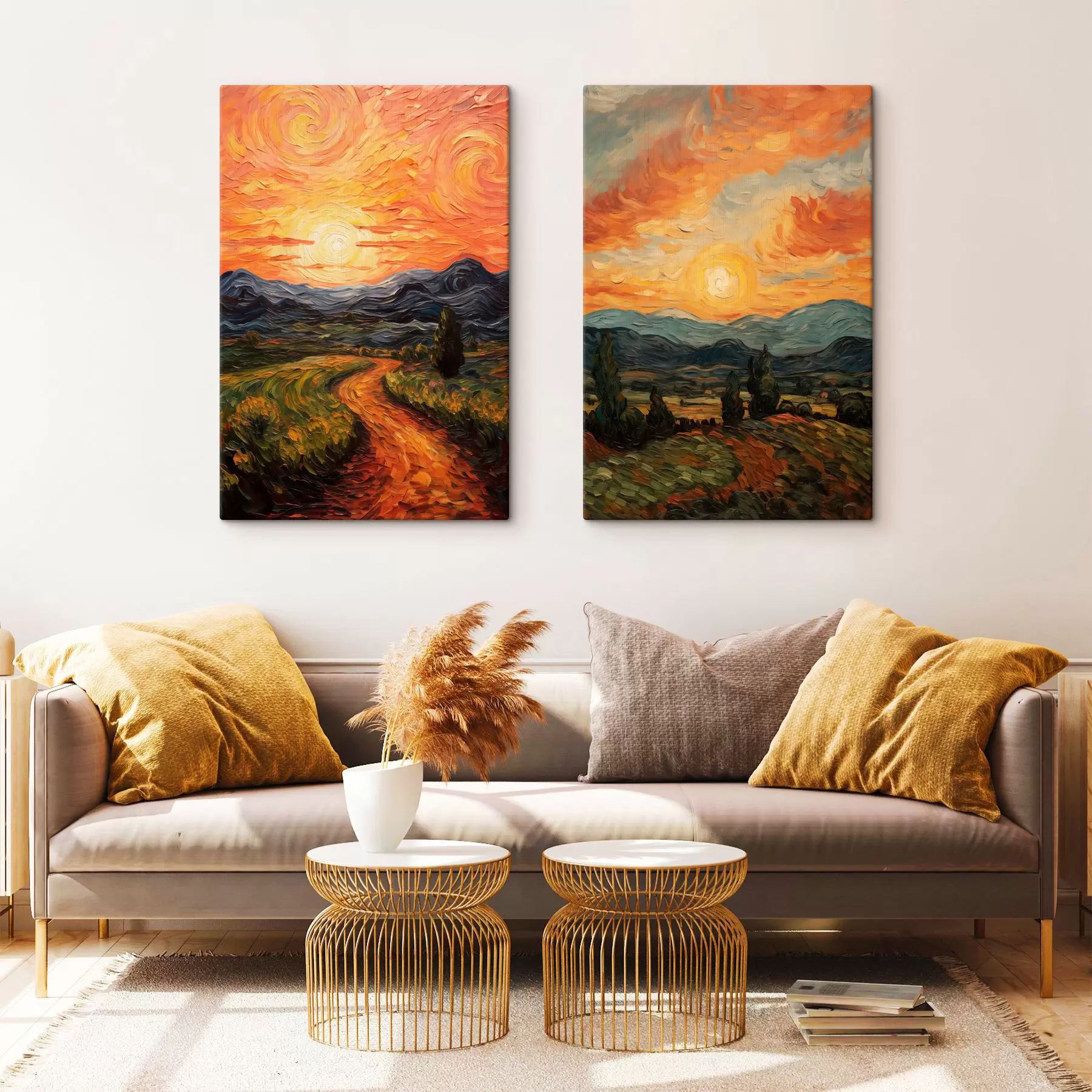 wall murals Vibrant landscape, orange and yellow sky with a sun, stylized textured art m30575