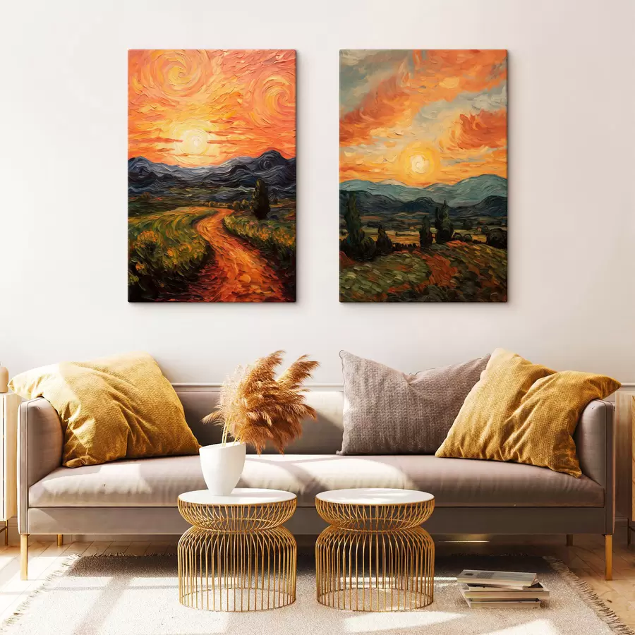 wall murals Vibrant landscape, orange and yellow sky with a sun, stylized textured art m30575