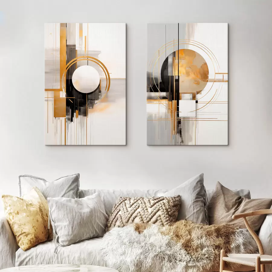 wall murals Abstract geometric shapes and circles with yellow accents, textured art m30576