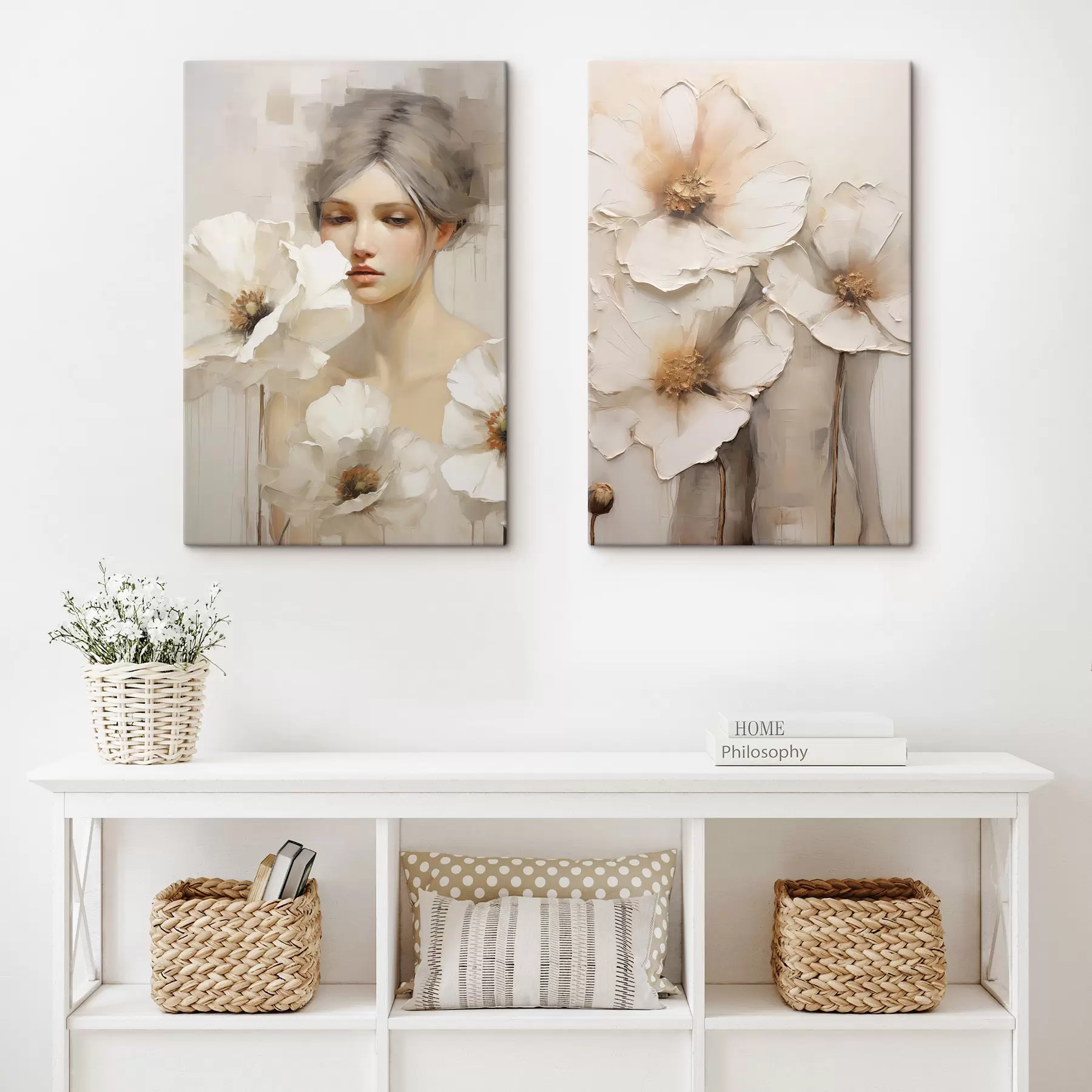 wall murals Woman portrait with large white flowers, against a light abstract background m30583