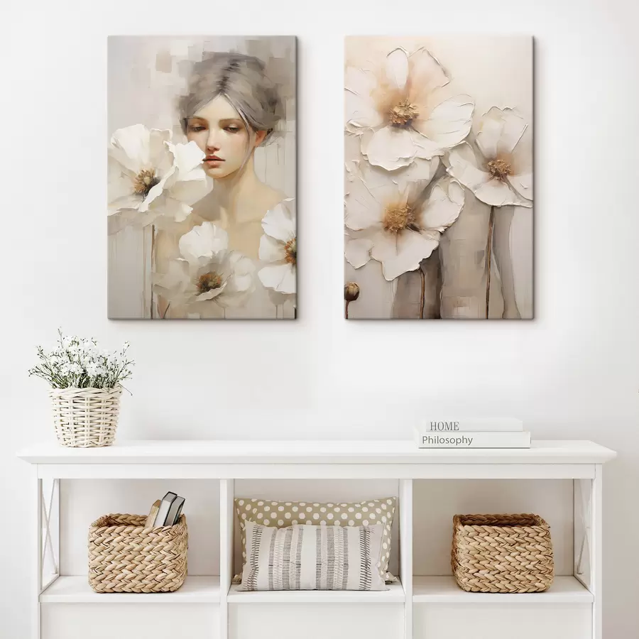 wall murals Woman portrait with large white flowers, against a light abstract background m30583