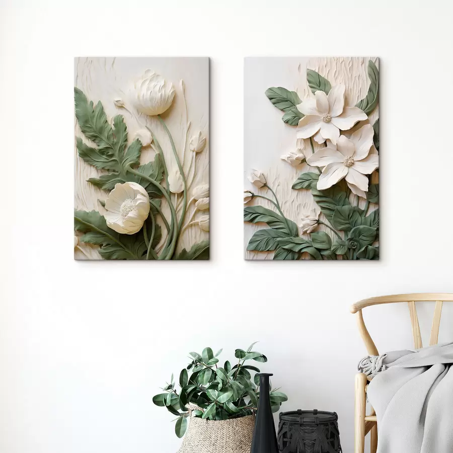 wall murals White flowers and green leaves on a textured background with foliage m30584