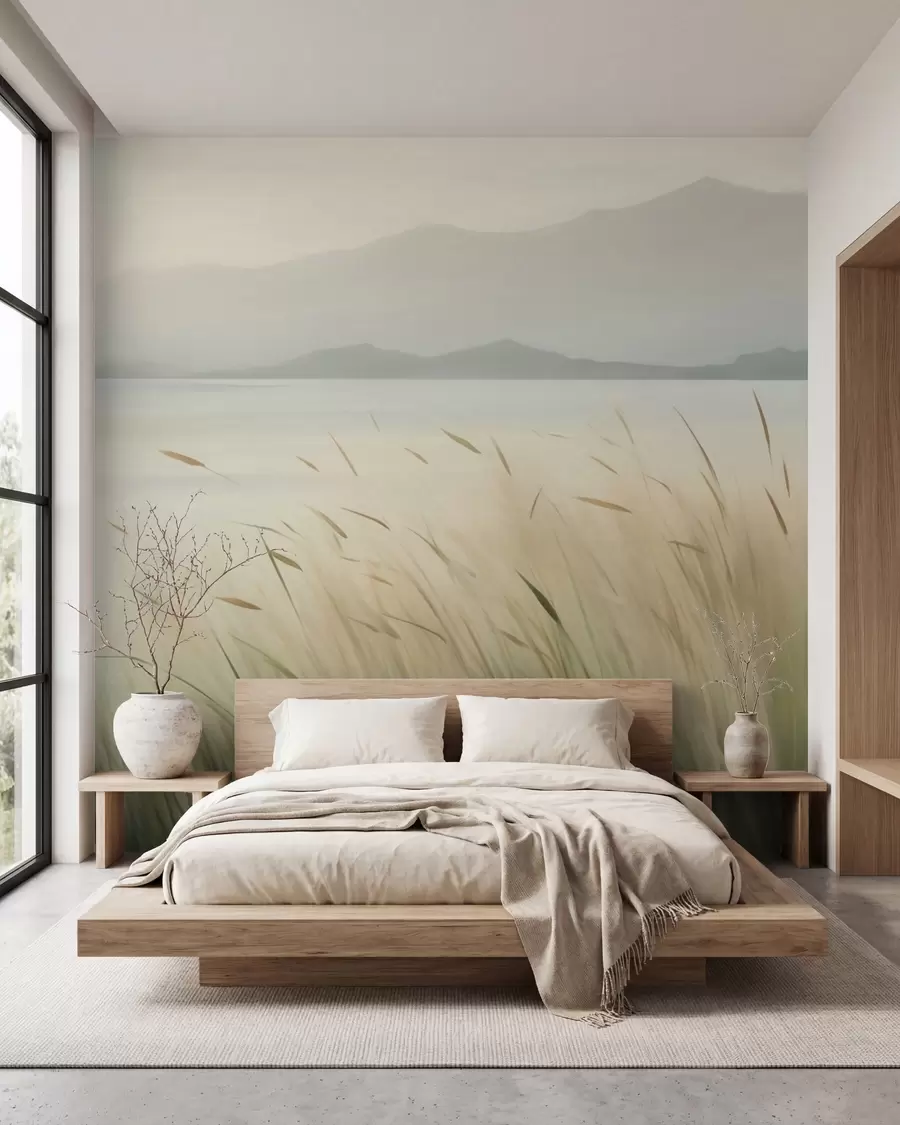 Wall Mural Photo Wallpaper Grass by the lake with mountains in the background w05668