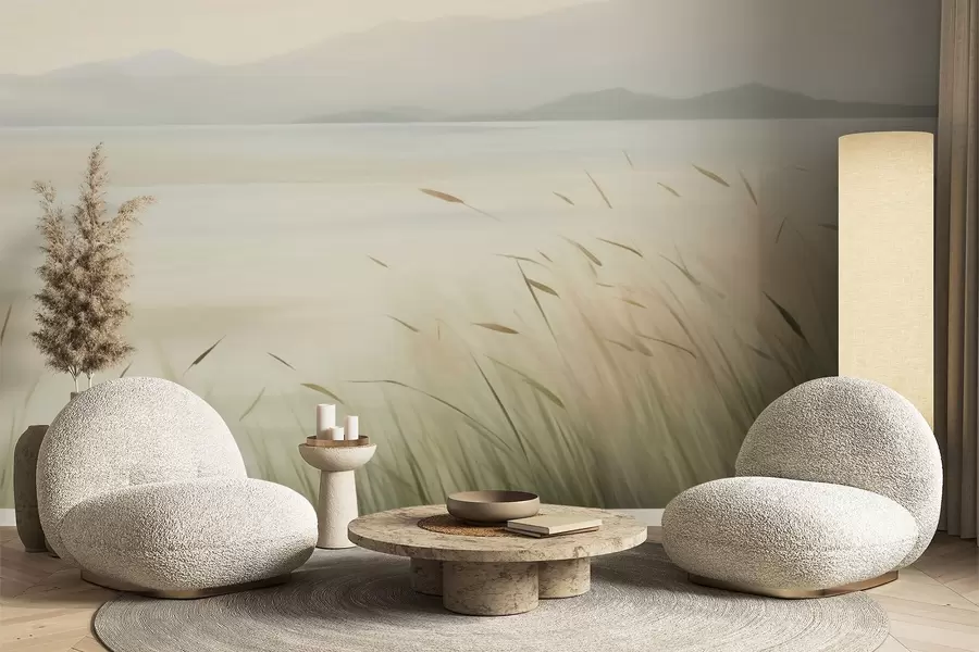 Wall Mural Photo Wallpaper Grass by the lake with mountains in the background w05668