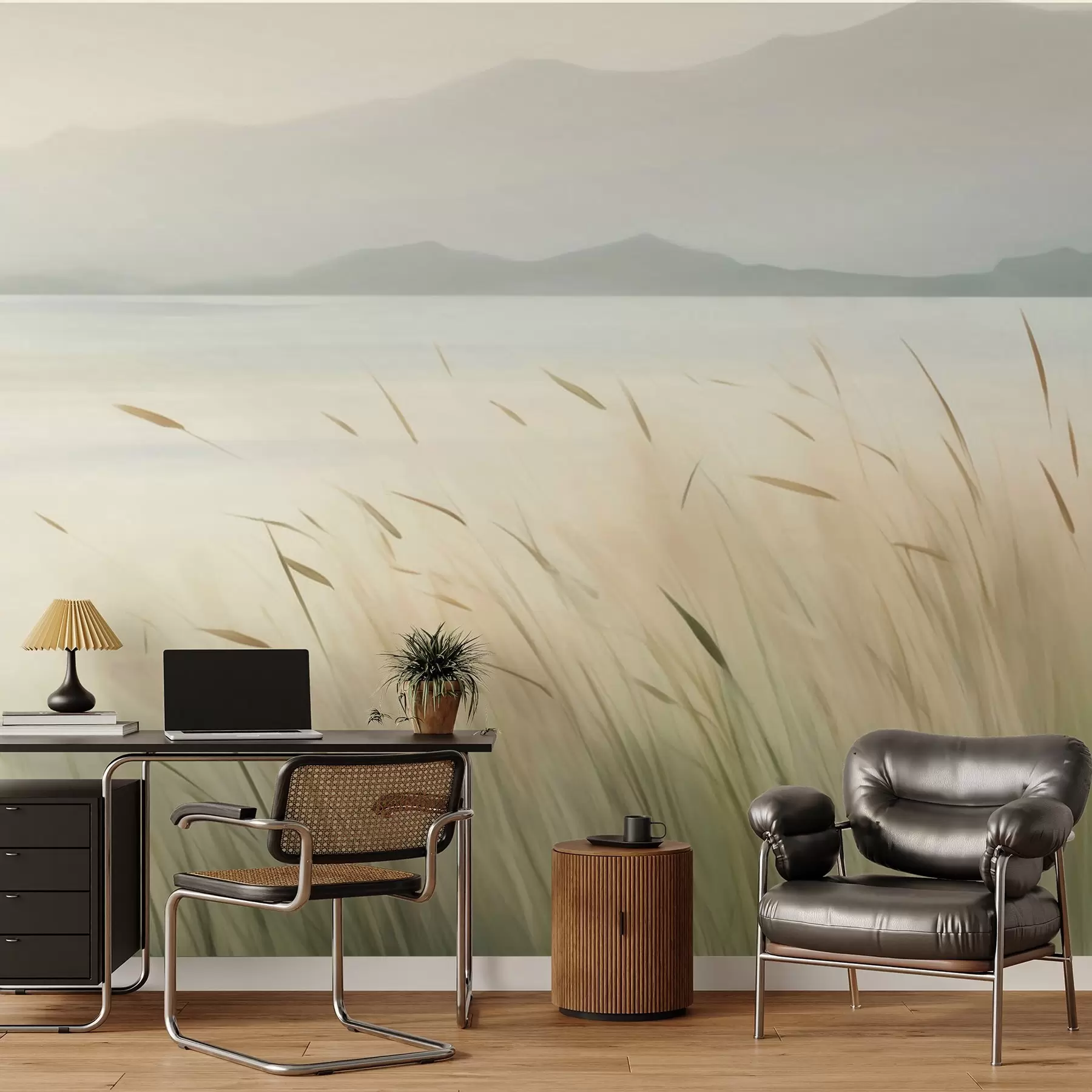 Wall Mural Photo Wallpaper Grass by the lake with mountains in the background w05668