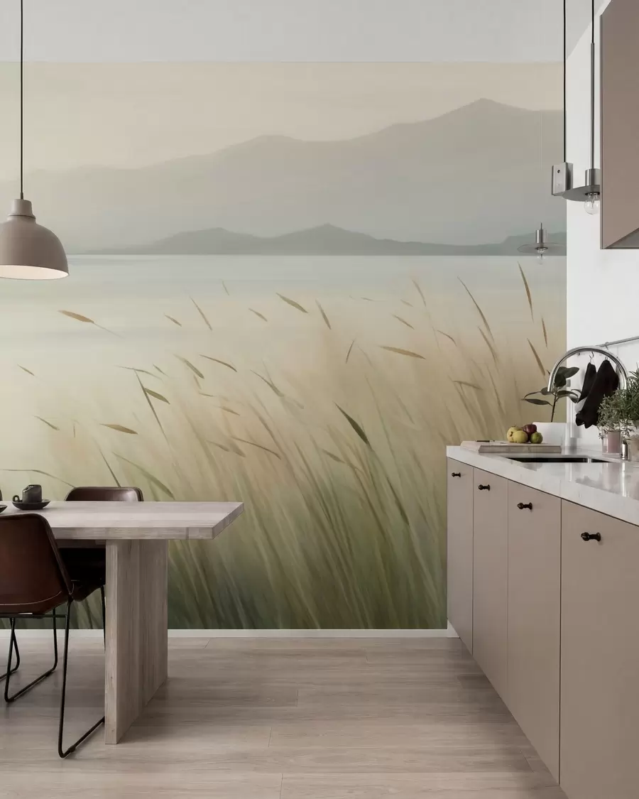 peintures murales De l'herbe au bord du lac, avec les montagnes en arrière-plan w05668