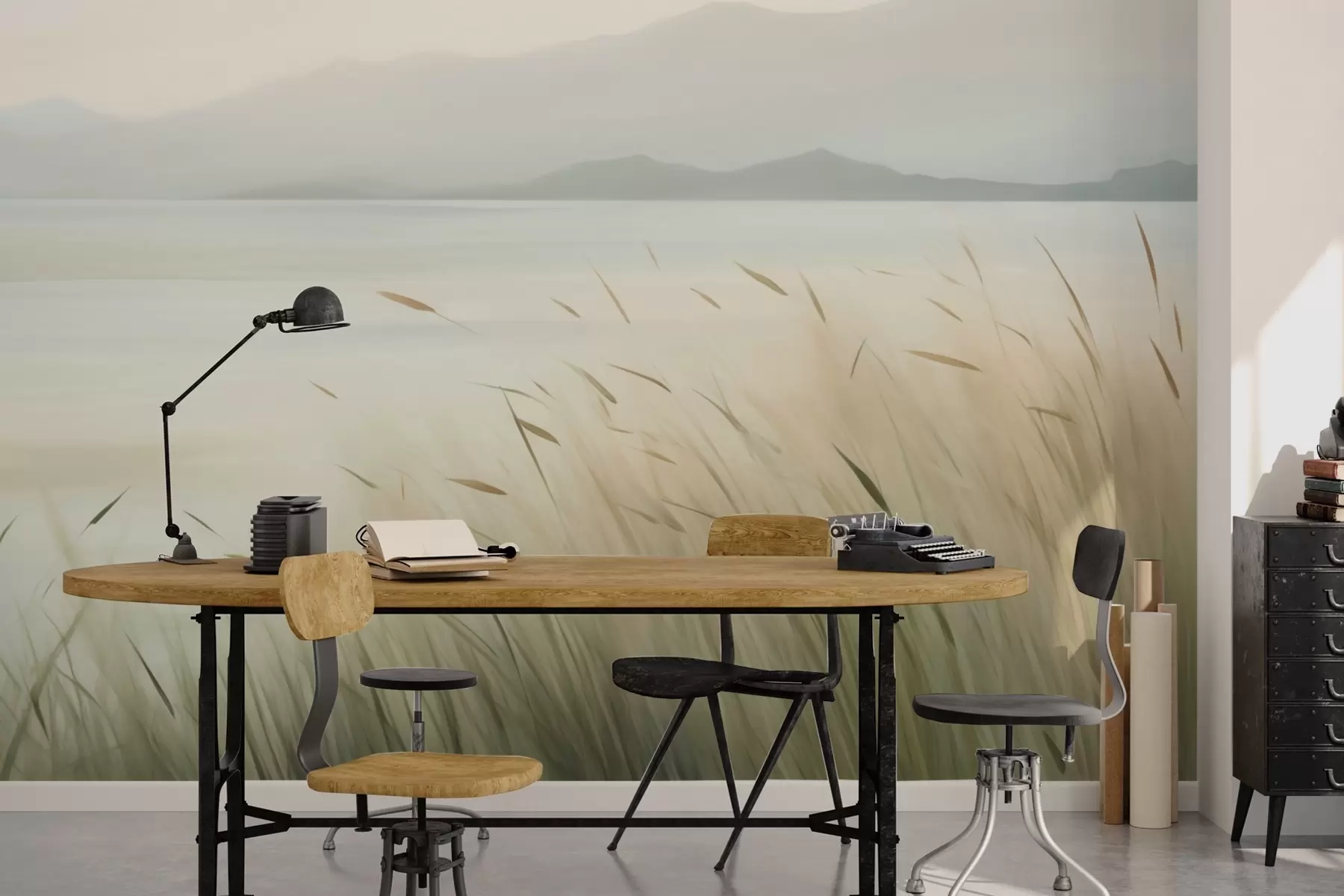 Wall Mural Photo Wallpaper Grass by the lake with mountains in the background w05668
