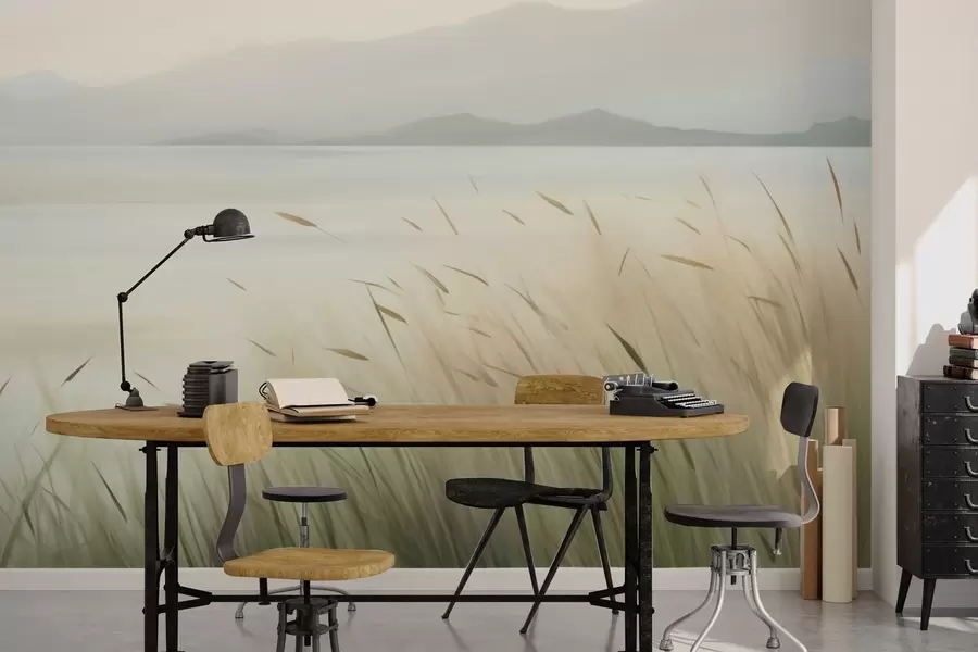 Wall Mural Photo Wallpaper Grass by the lake with mountains in the background w05668