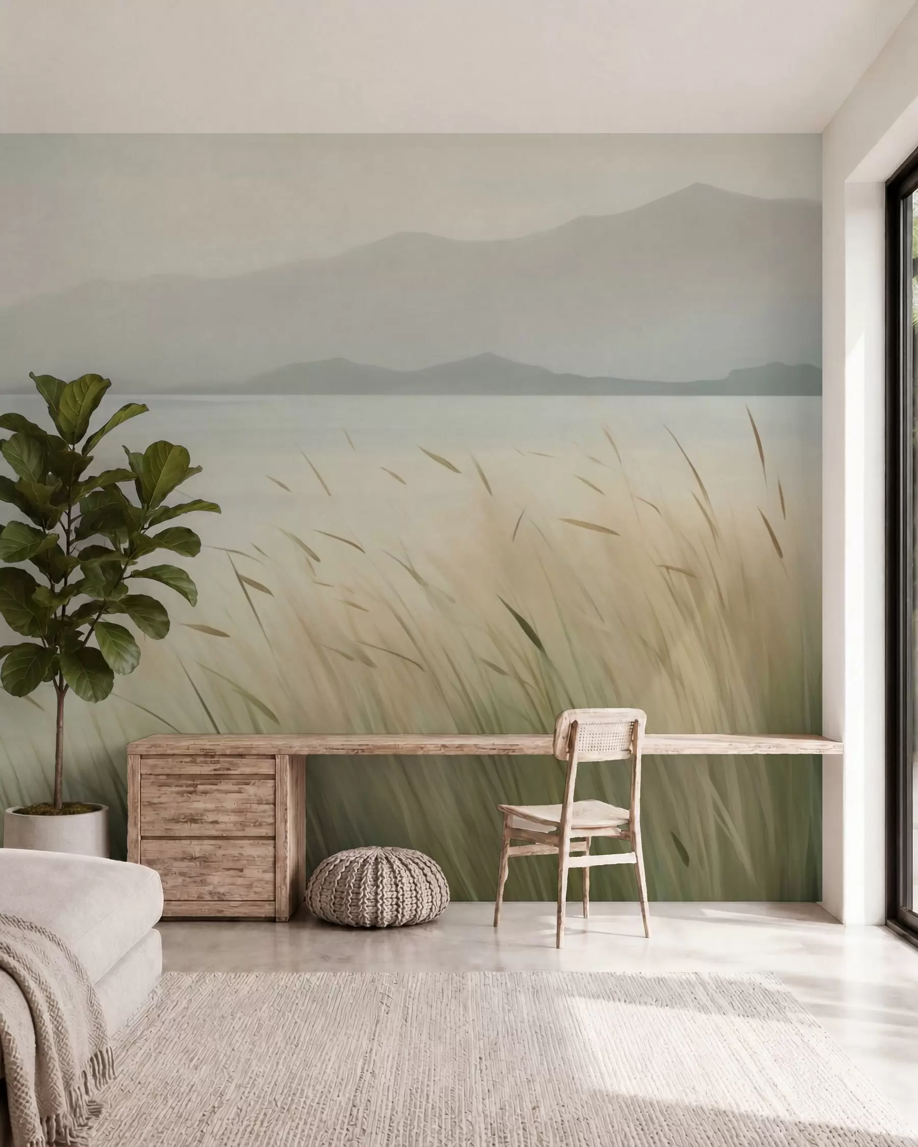Wall Mural Photo Wallpaper Grass by the lake with mountains in the background w05668