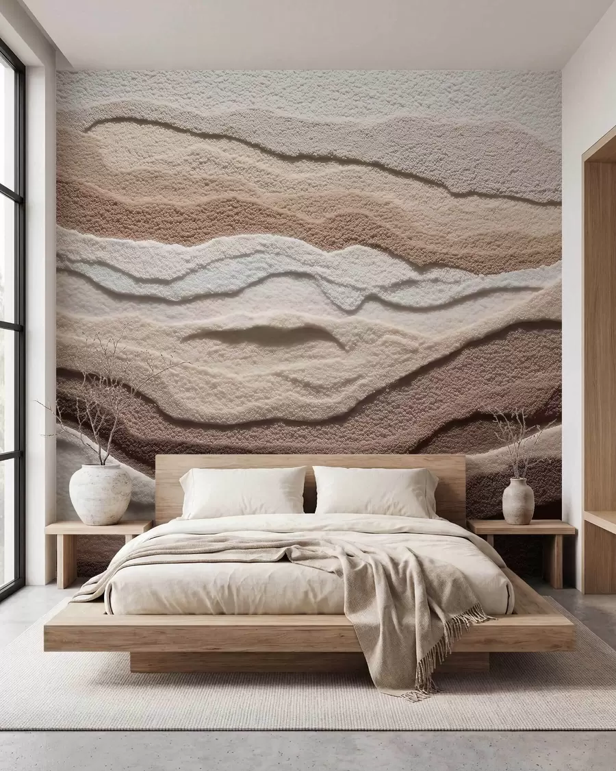 wall murals Textured wall mural with layered sand formations in a warm beige palette w09807