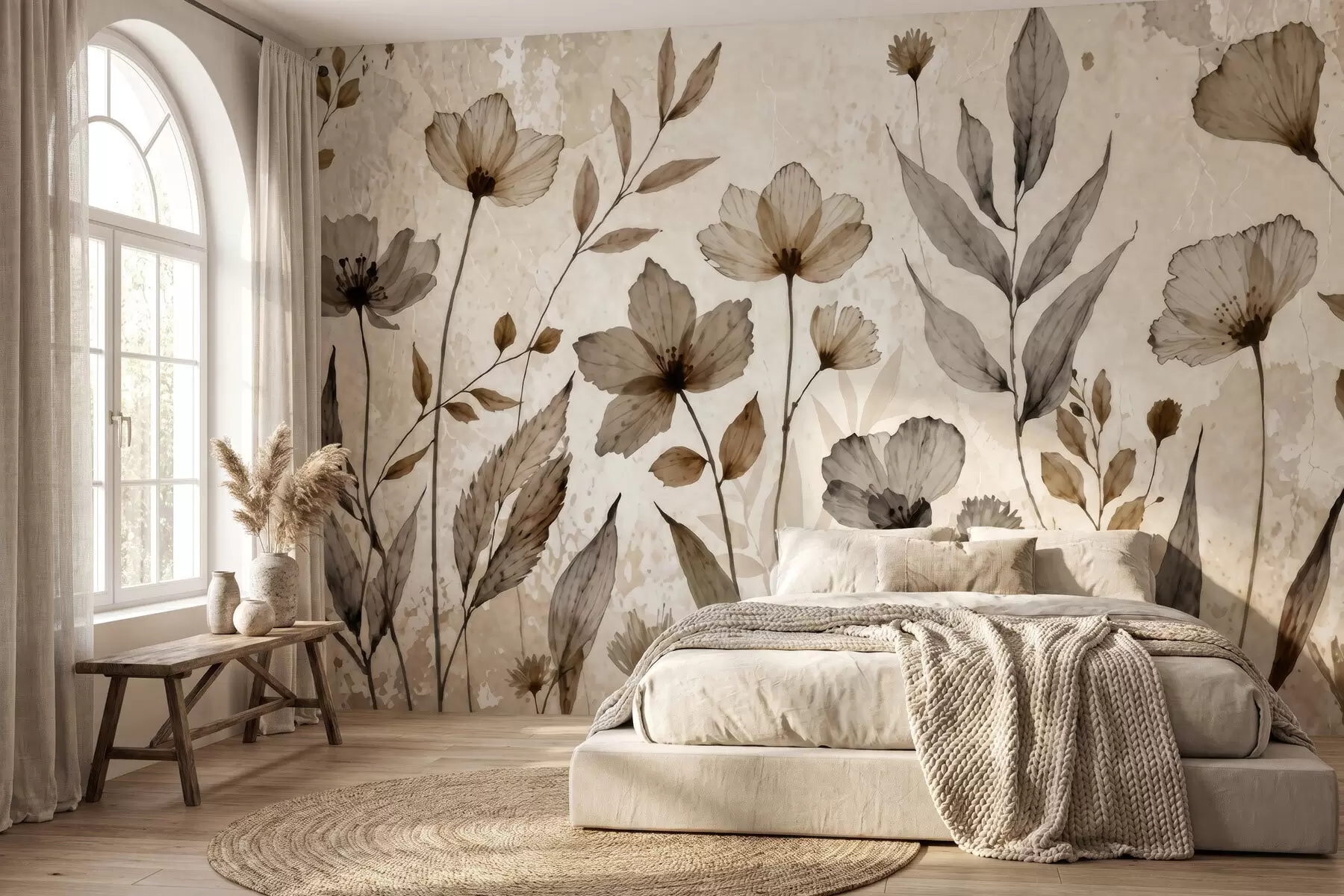 murales Delicadas flores silvestres pintadas en acuarela en una suave paleta de tonos beige y crema w09875