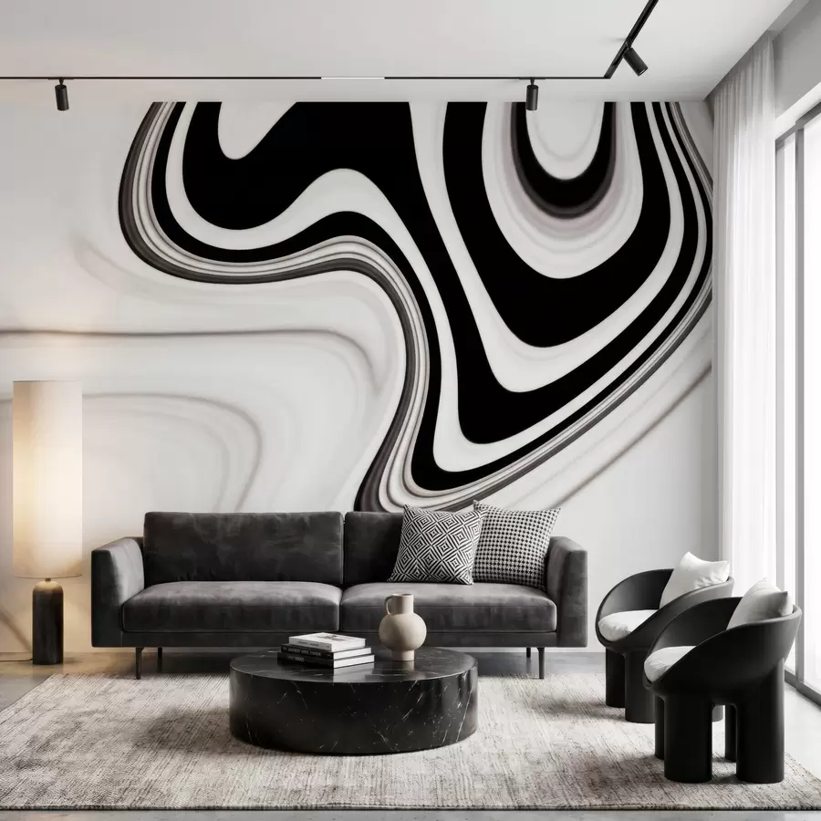 Wall Mural Photo Wallpaper Abstract wall mural with flowing black and white waves in a modern minimalist style w09877