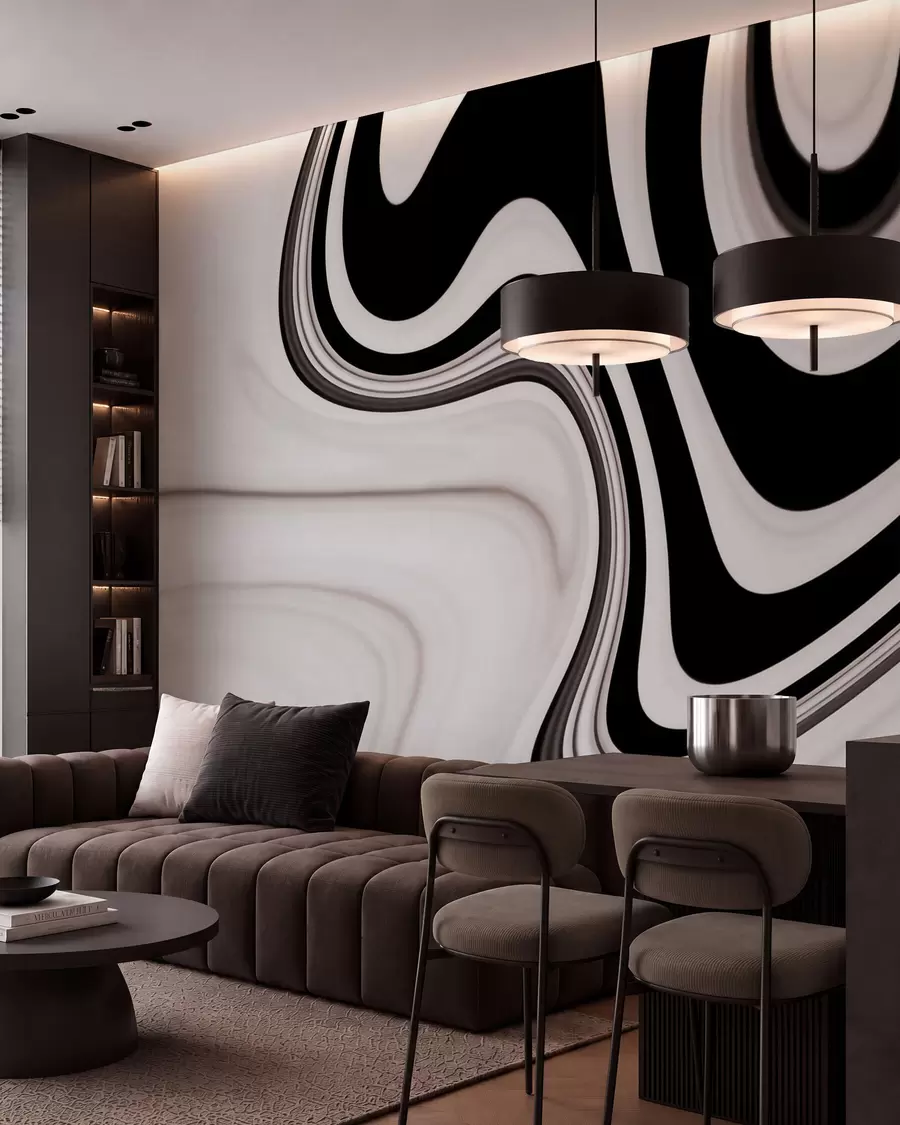 peintures murales Papier peint abstrait représentant des vagues fluides en noir et blanc, dans un style moderne et minimaliste w09877