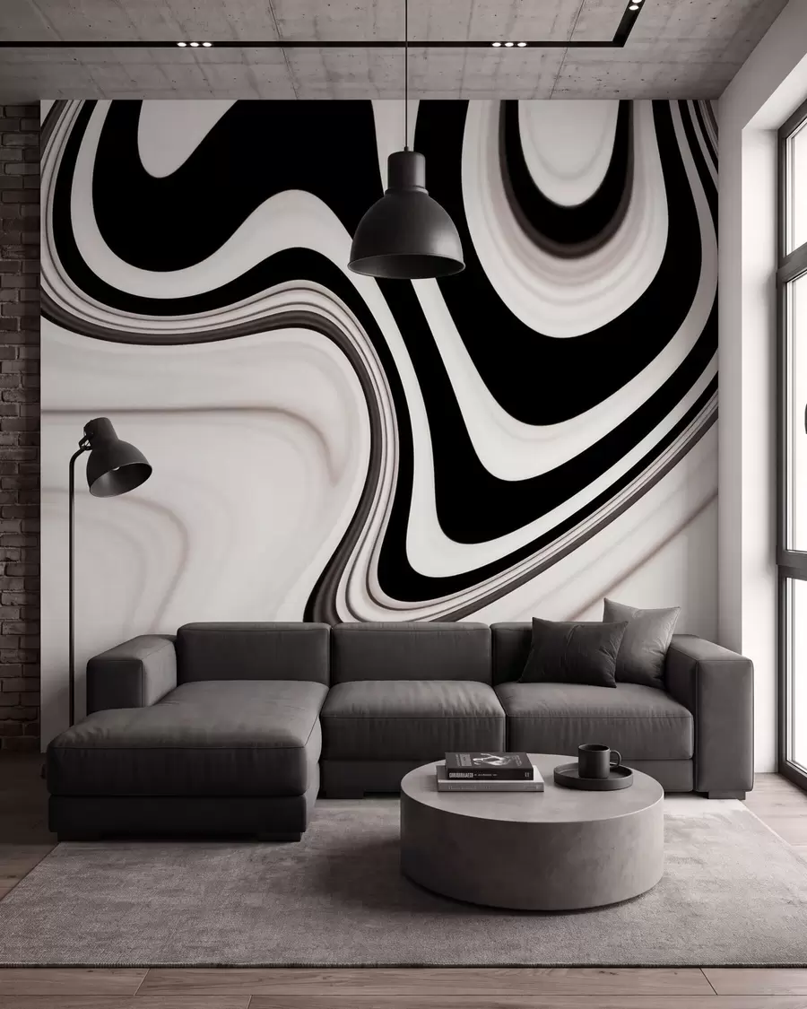 murales Mural abstracto con ondulaciones fluidas en blanco y negro, de estilo minimalista moderno w09877