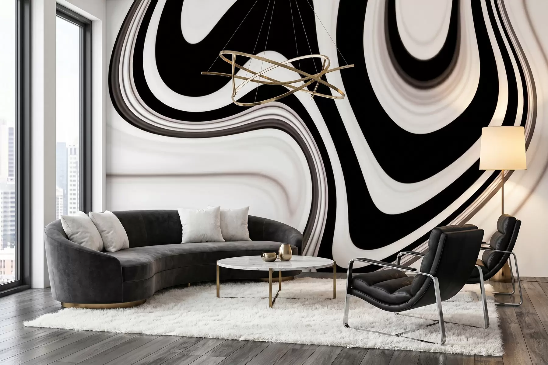 murales Mural abstracto con ondulaciones fluidas en blanco y negro, de estilo minimalista moderno w09877