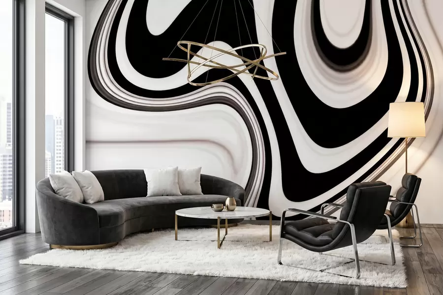 murales Mural abstracto con ondulaciones fluidas en blanco y negro, de estilo minimalista moderno w09877