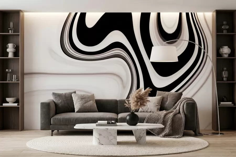 peintures murales Papier peint abstrait représentant des vagues fluides en noir et blanc, dans un style moderne et minimaliste w09877