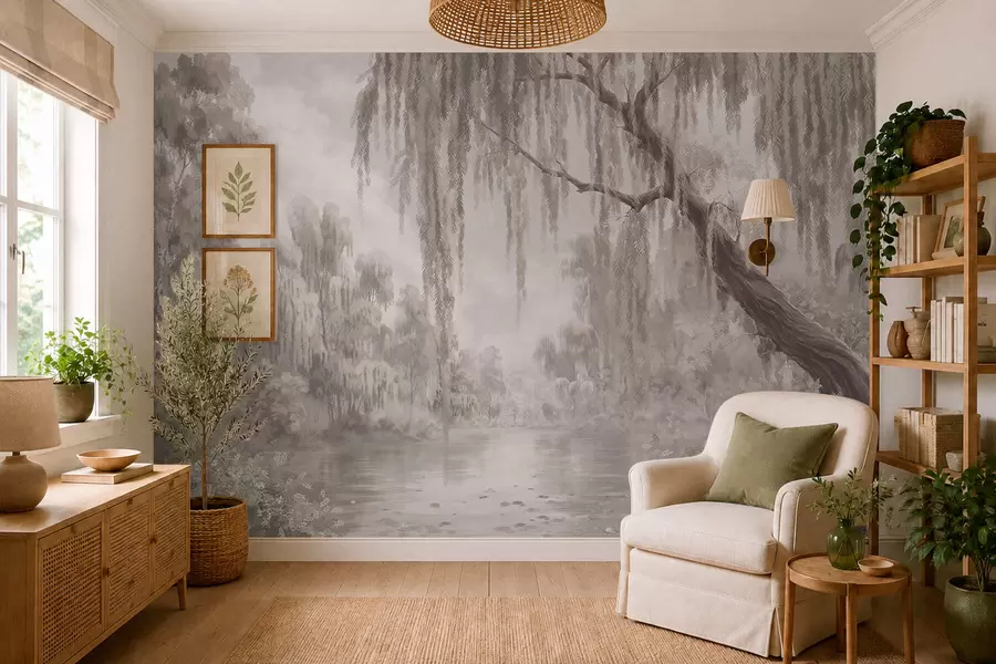 peintures murales Scène monochrome avec des saules au-dessus d'une eau calme w05631