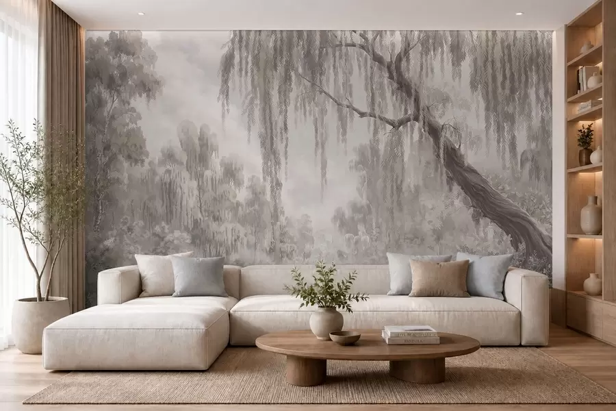Wall Mural Photo Wallpaper Monochrome scene with willows over calm water w05631