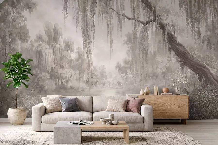 Wall Mural Photo Wallpaper Monochrome scene with willows over calm water w05631