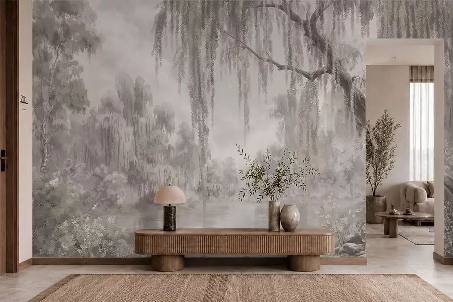 peintures murales Scène monochrome avec des saules au-dessus d'une eau calme w05631