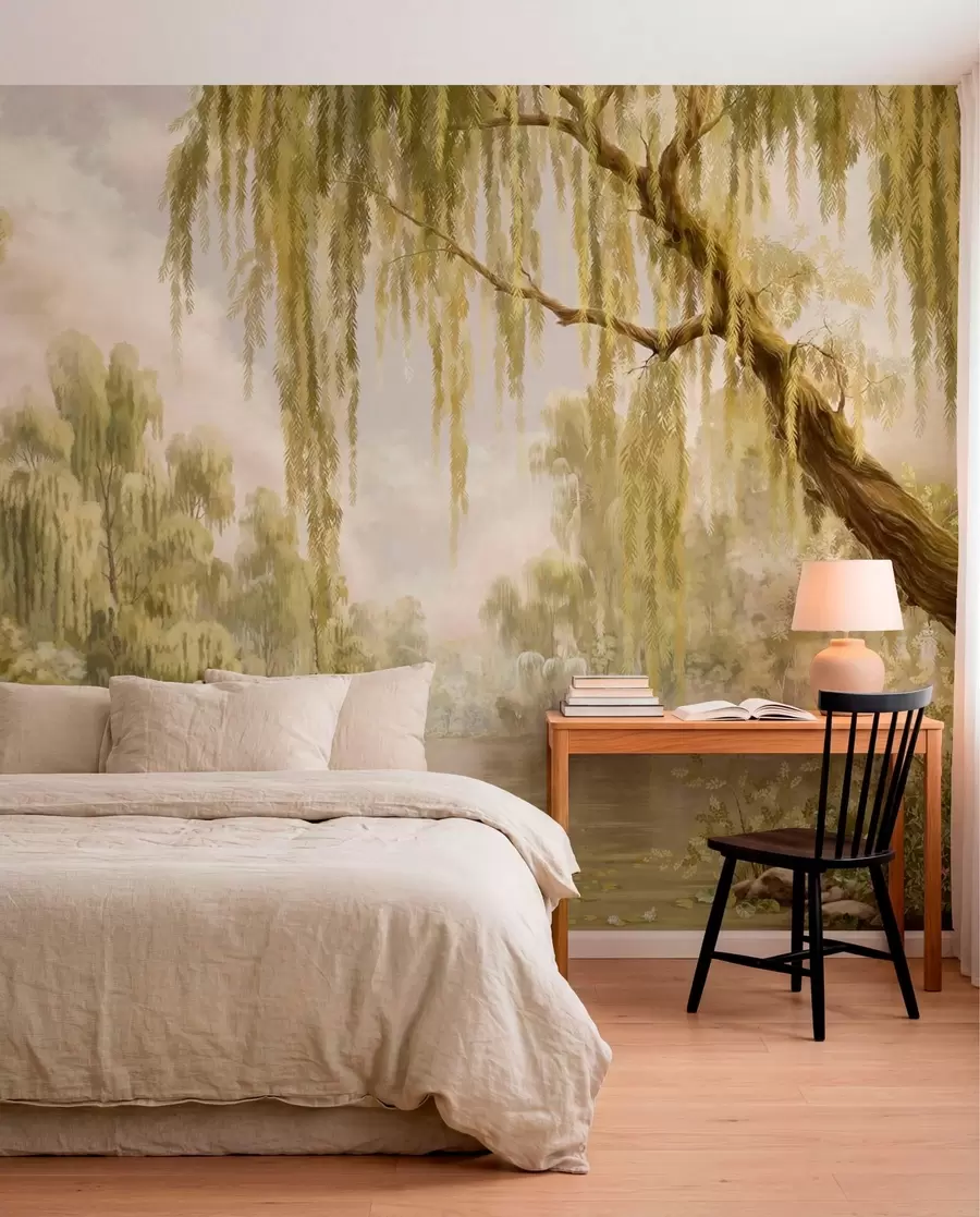 Wall Mural Photo Wallpaper Sunlit scene with willows by a quiet pond w05631v1