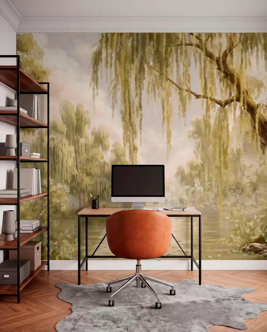 peintures murales Une scène ensoleillée avec des saules au bord d'un étang paisible w05631v1