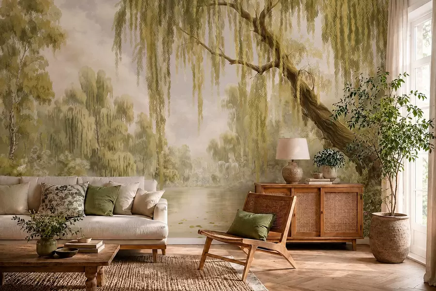 Wall Mural Photo Wallpaper Sunlit scene with willows by a quiet pond w05631v1
