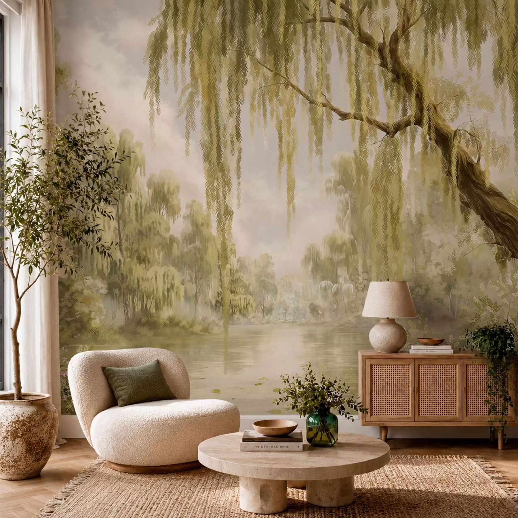 wall murals Sunlit scene with willows by a quiet pond w05631v1