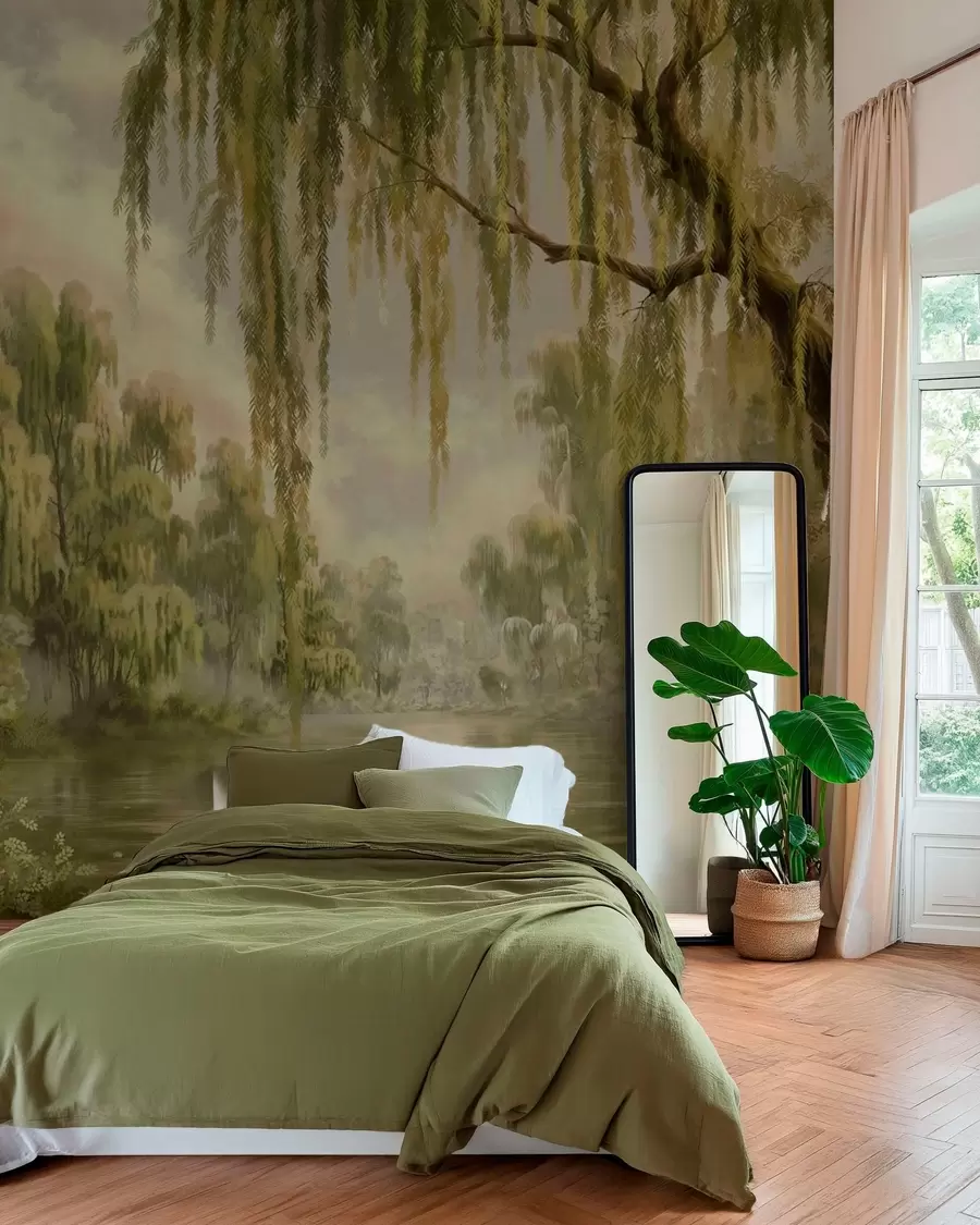 peintures murales Paysage ombragé avec des saules au bord de l'eau w05631v2