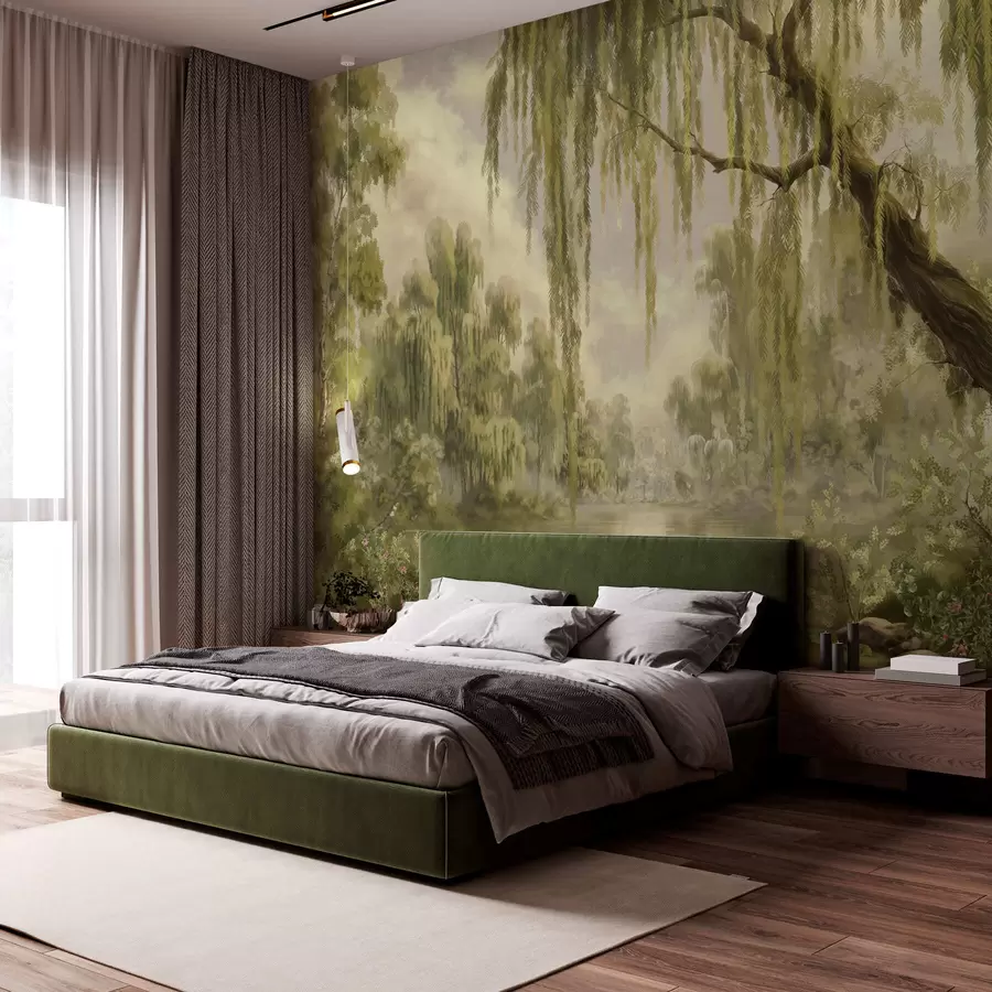 peintures murales Paysage ombragé avec des saules au bord de l'eau w05631v2