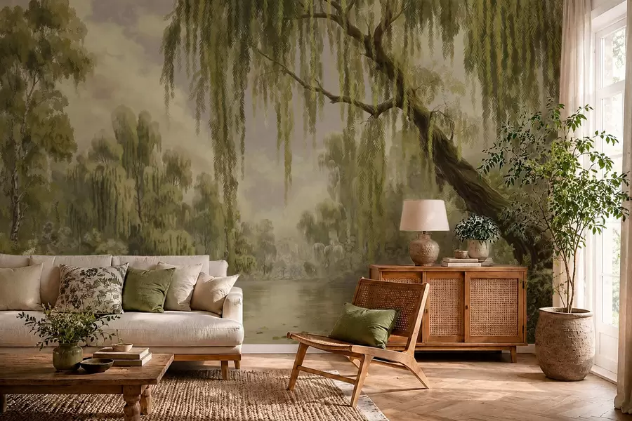 peintures murales Paysage ombragé avec des saules au bord de l'eau w05631v2
