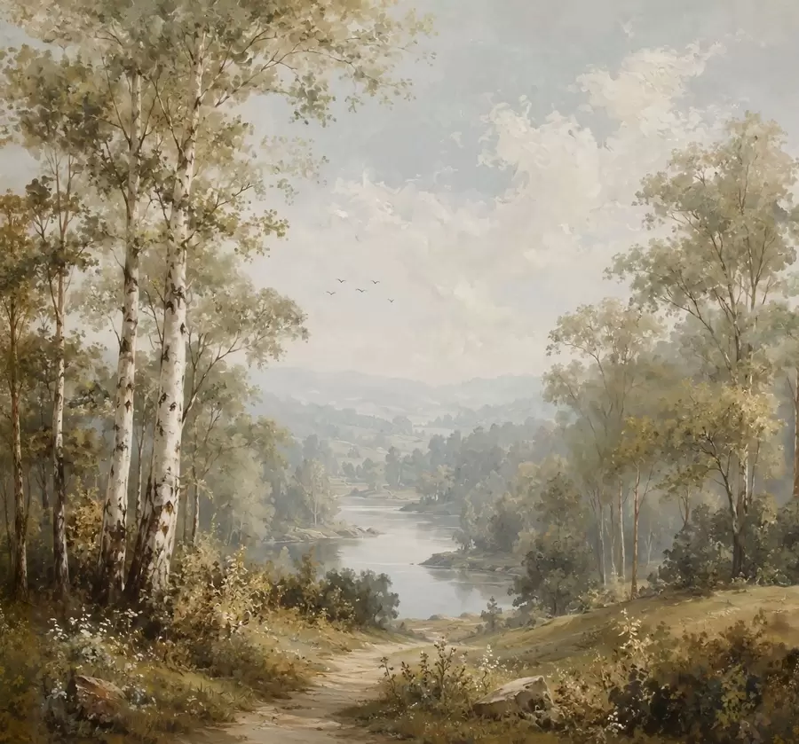 wall murals Bright river landscape with birch trees and clouds w05685