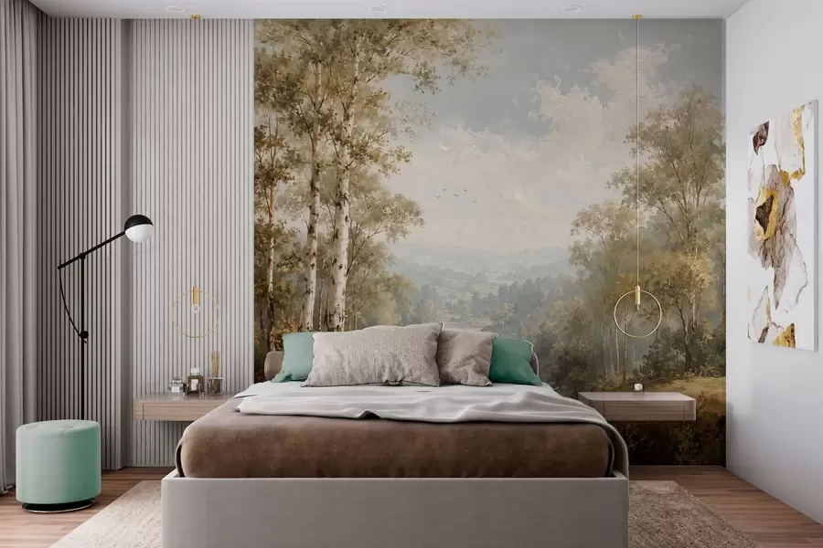 wall murals Bright river landscape with birch trees and clouds w05685
