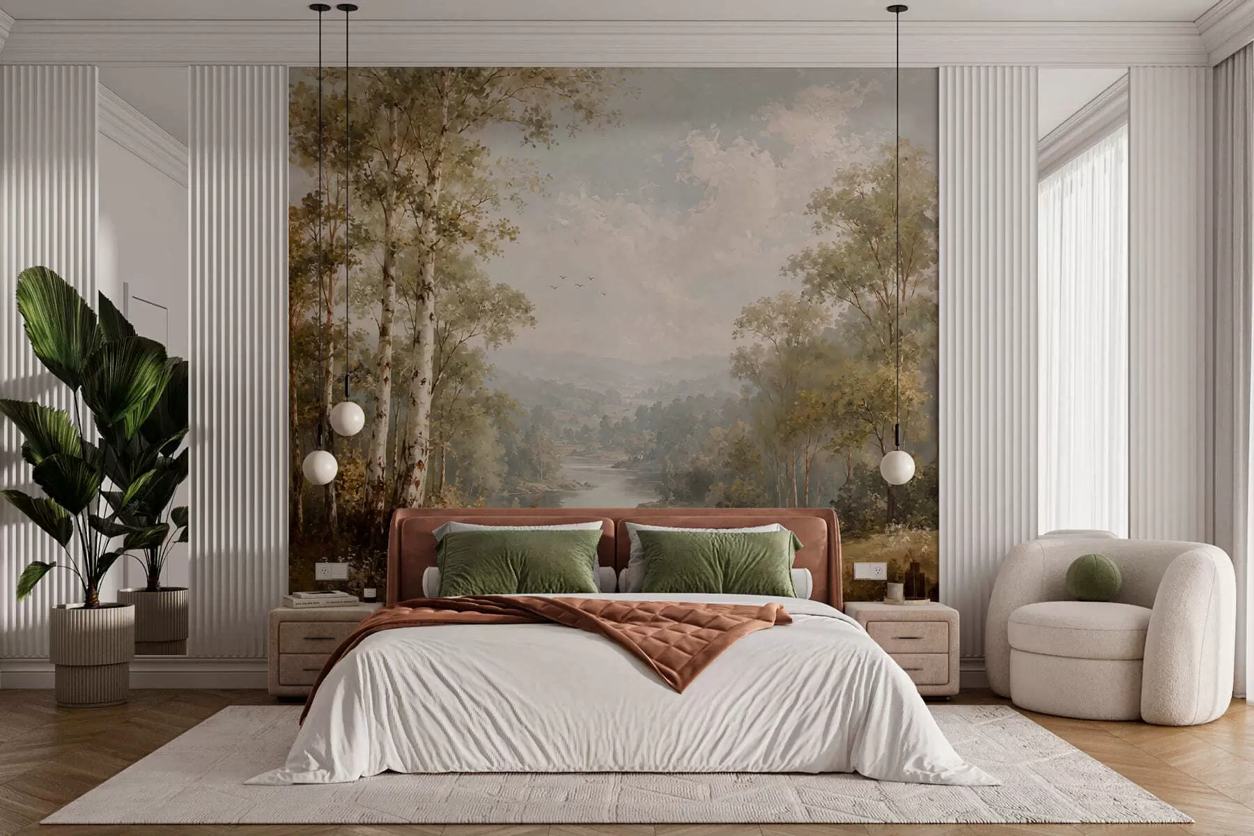 Wall Mural Photo Wallpaper Bright river landscape with birch trees and clouds w05685