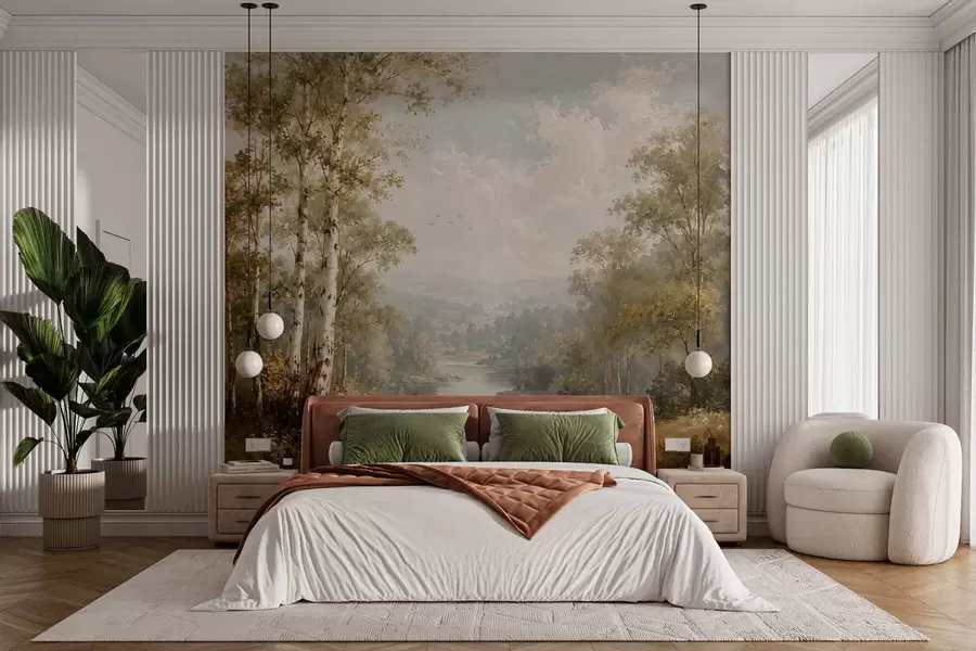 Wall Mural Photo Wallpaper Bright river landscape with birch trees and clouds w05685