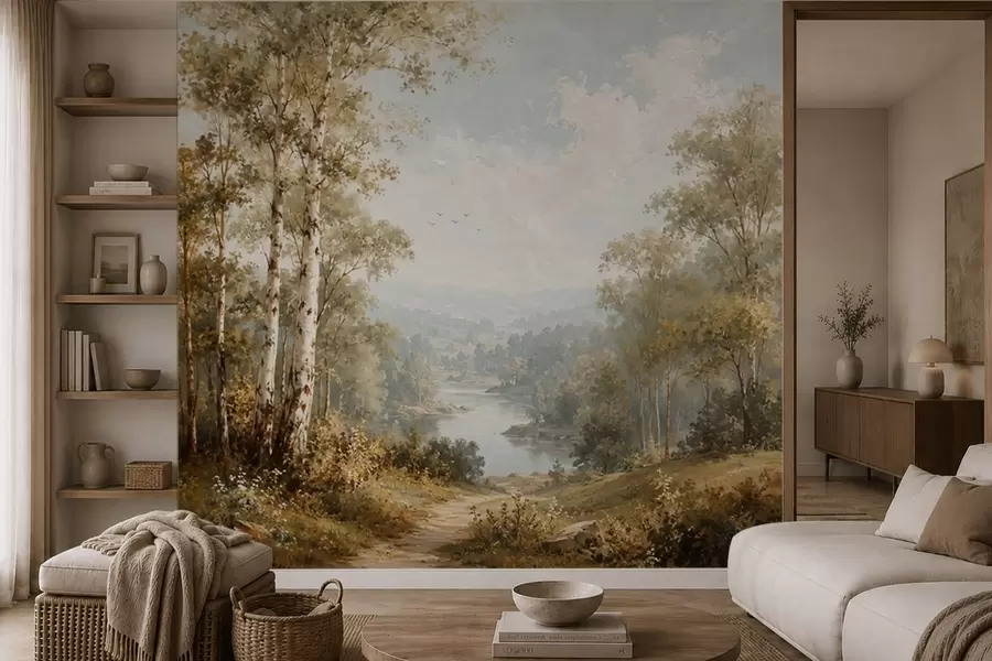 wall murals Bright river landscape with birch trees and clouds w05685