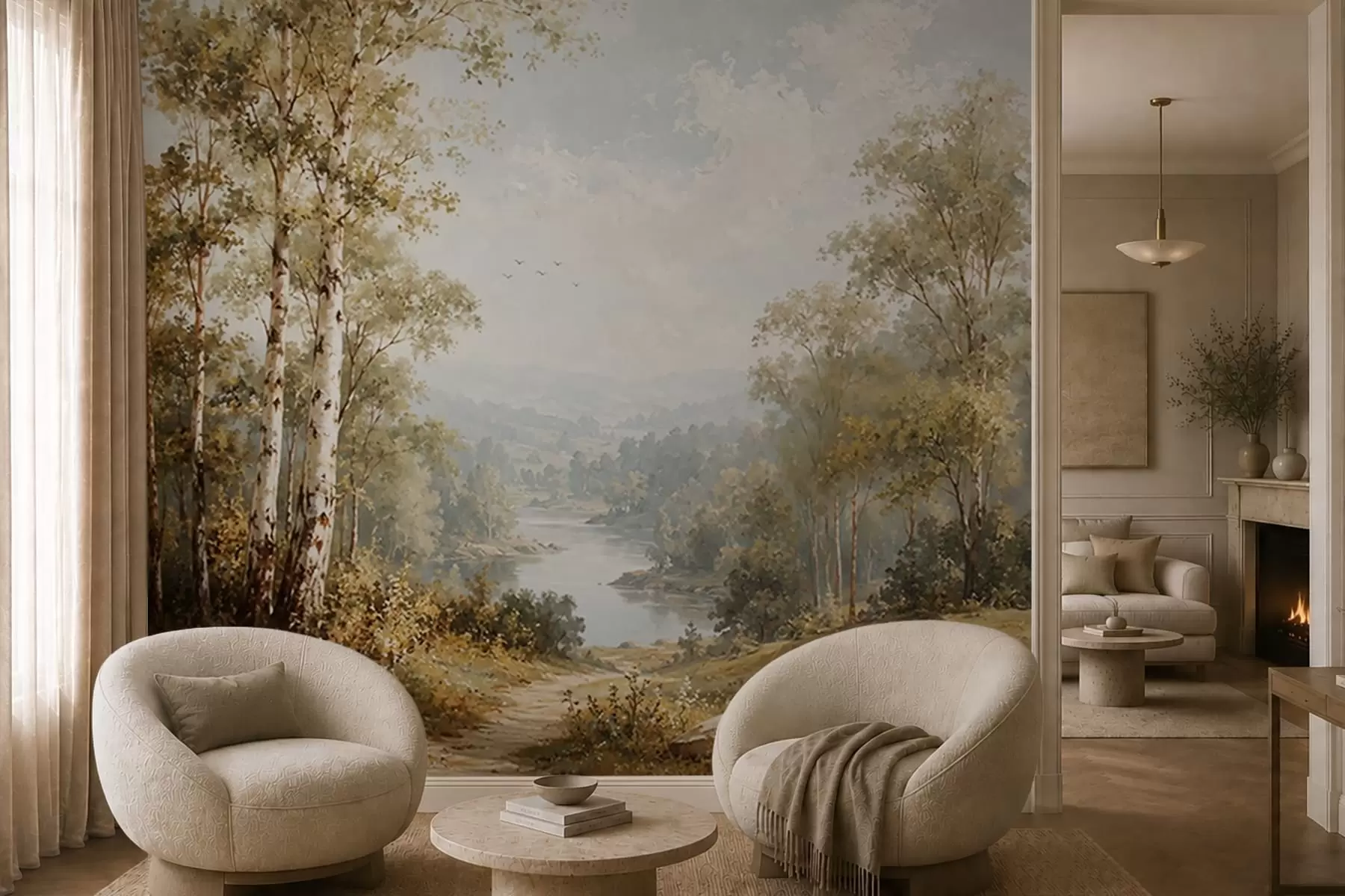 wall murals Bright river landscape with birch trees and clouds w05685