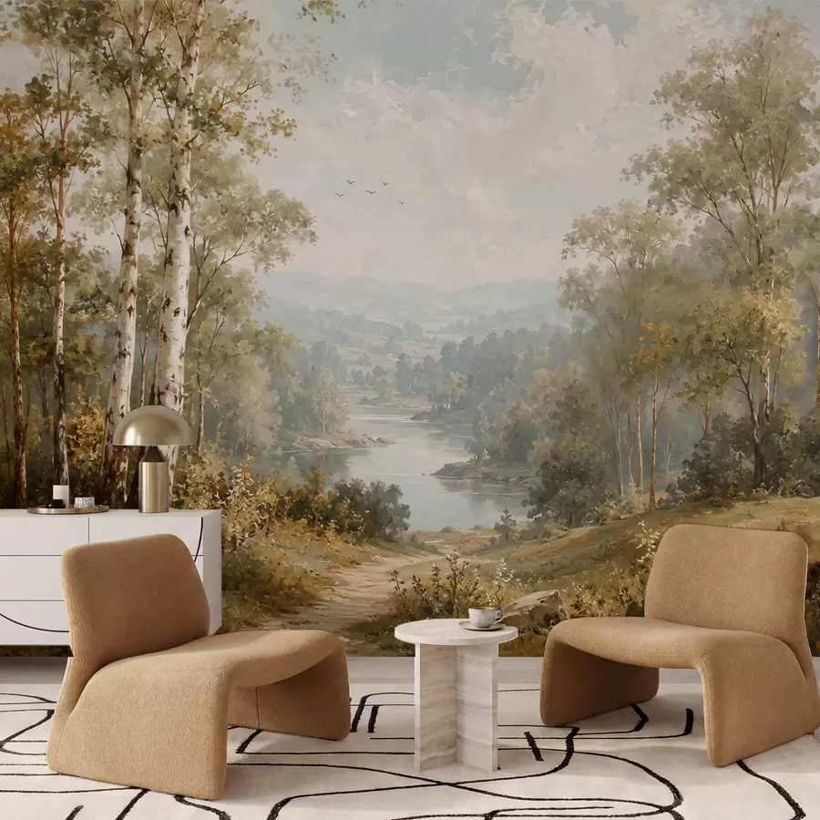 Wall Mural Photo Wallpaper Bright river landscape with birch trees and clouds w05685