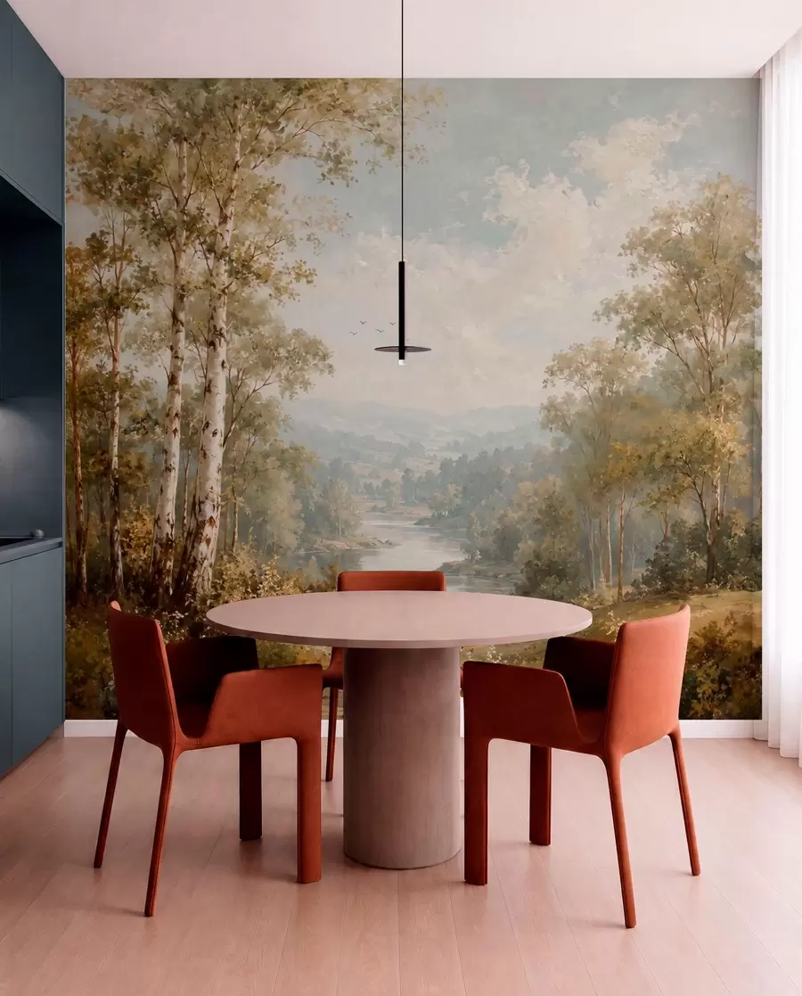 wall murals Bright river landscape with birch trees and clouds w05685