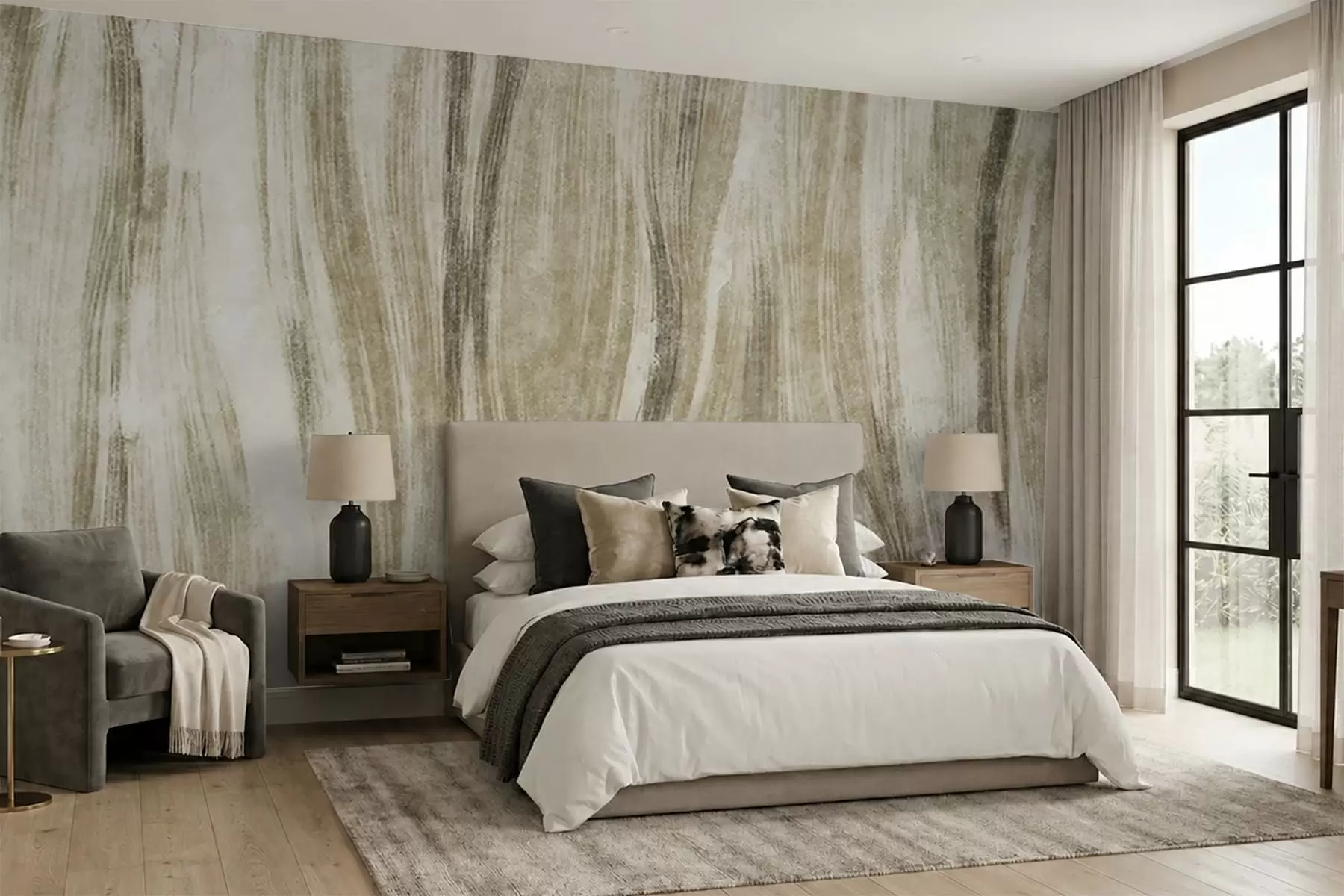 wall murals Abstract texture with flowing vertical streaks in grey-beige tones w05686v1