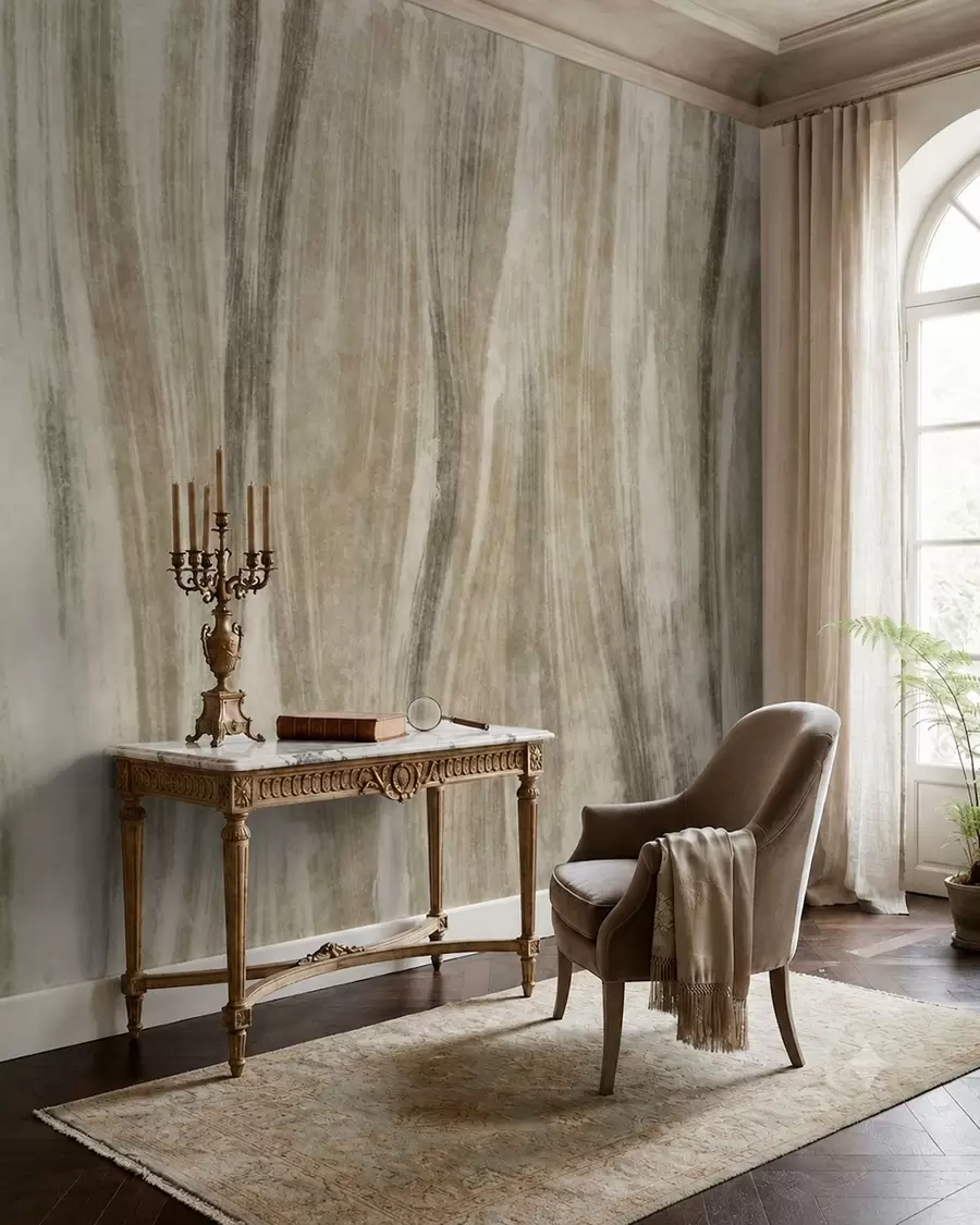peintures murales Motif abstrait composé de traits verticaux fluides dans des tons gris-beige w05686v1