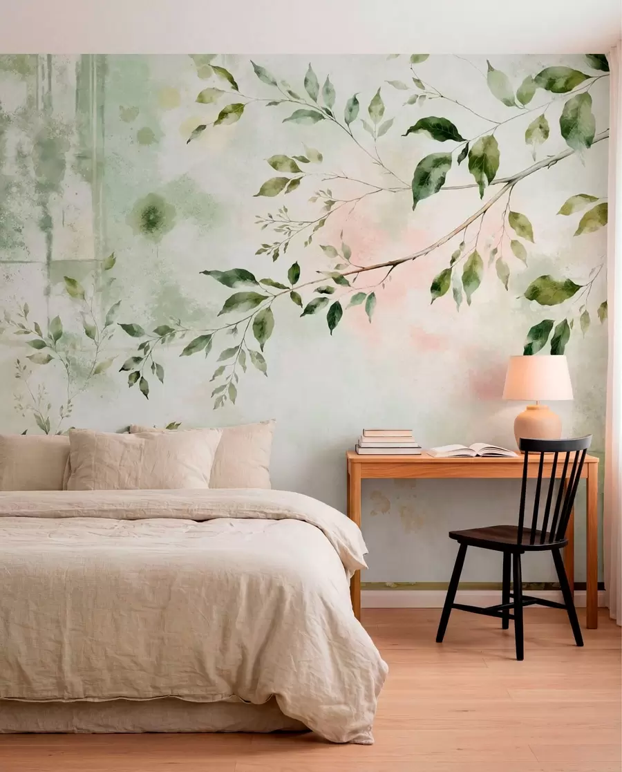 Wall Mural Photo Wallpaper Watercolor leafy branch on a light background w05688