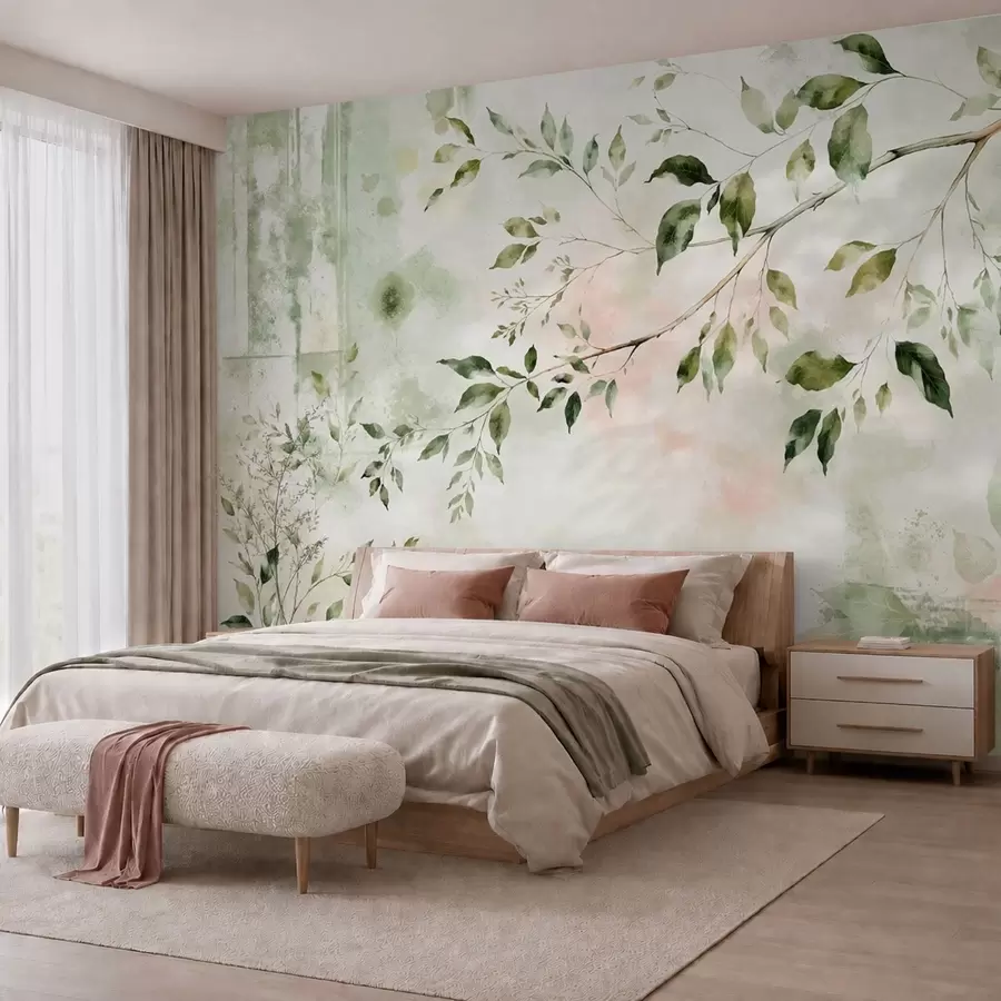 Wall Mural Photo Wallpaper Watercolor leafy branch on a light background w05688