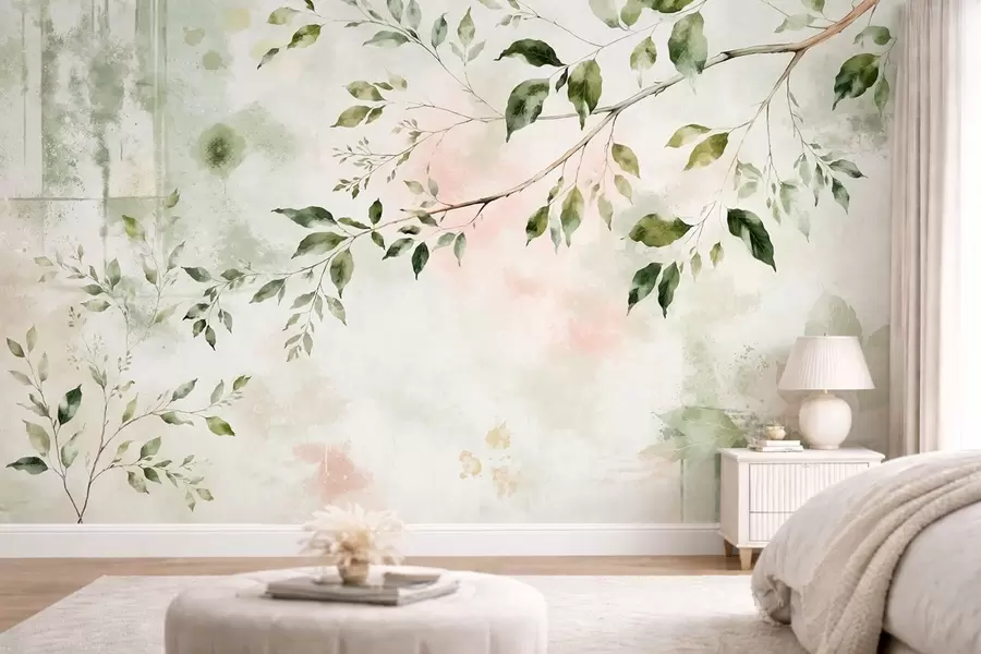 Wall Mural Photo Wallpaper Watercolor leafy branch on a light background w05688