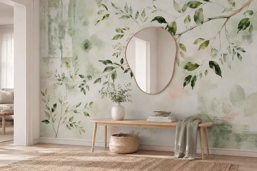 Wall Mural Photo Wallpaper Watercolor leafy branch on a light background w05688