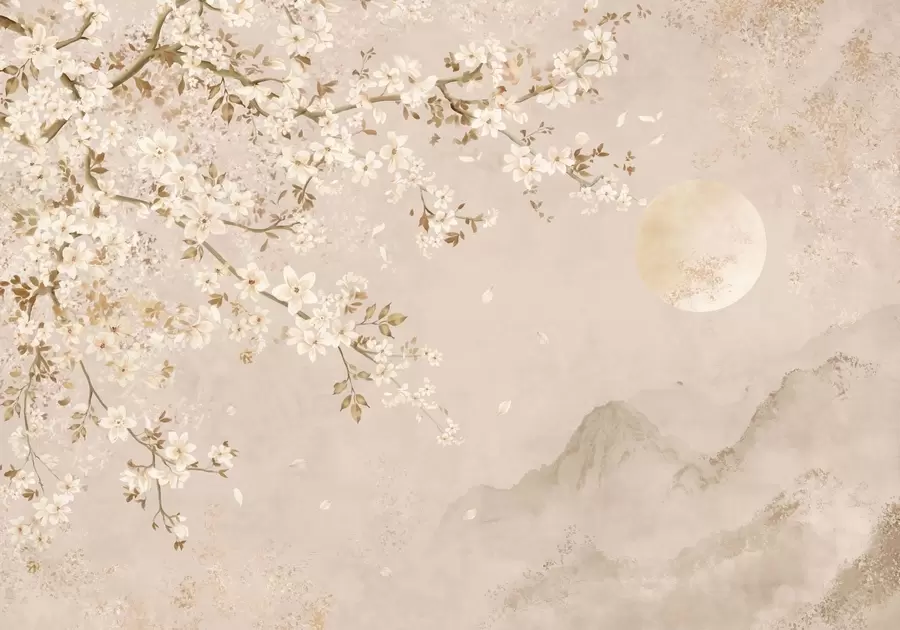 peintures murales Une branche en fleurs au-dessus des montagnes brumeuses et du soleil w05695