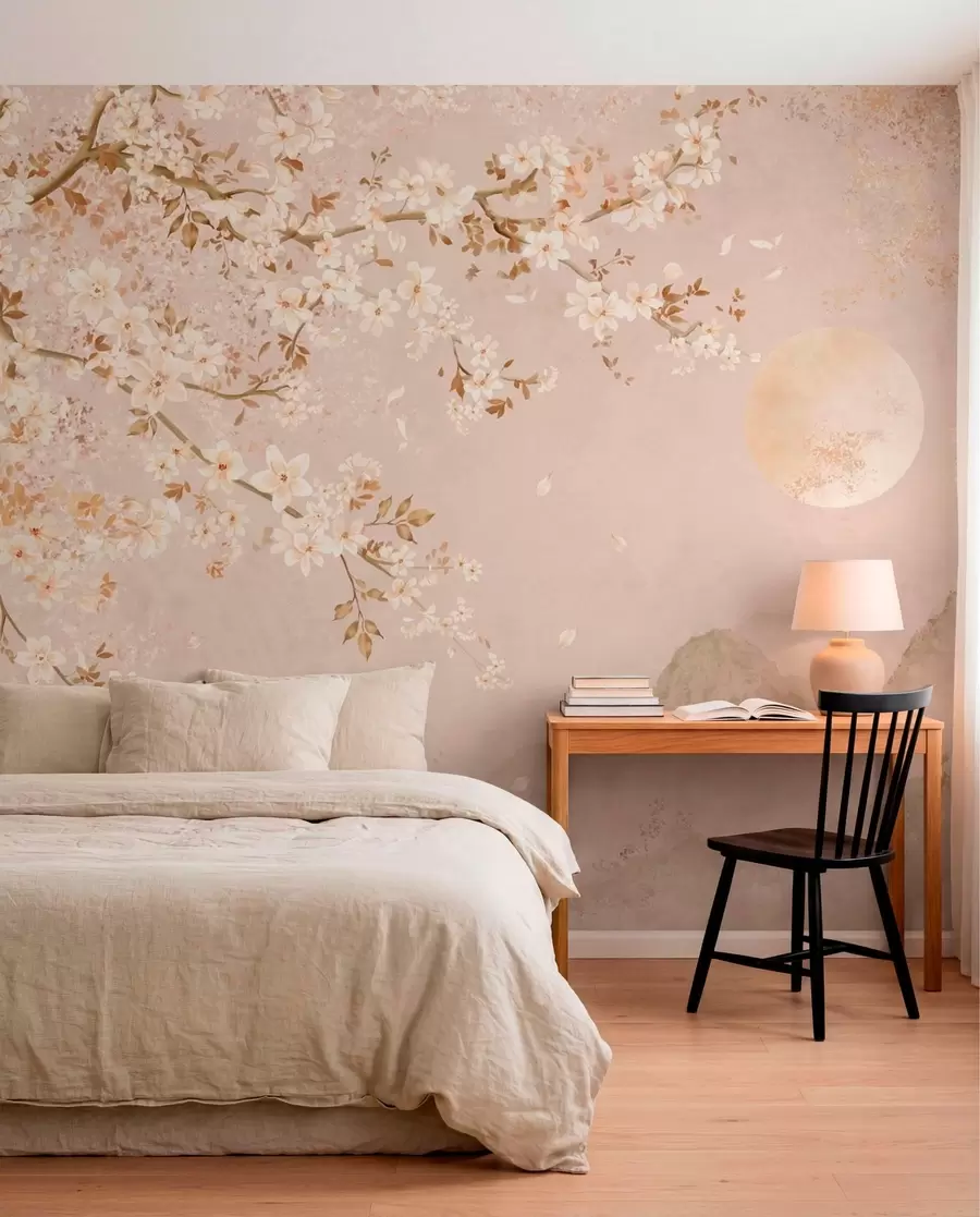 wall murals Light flowering branch above misty mountains and sun w05695