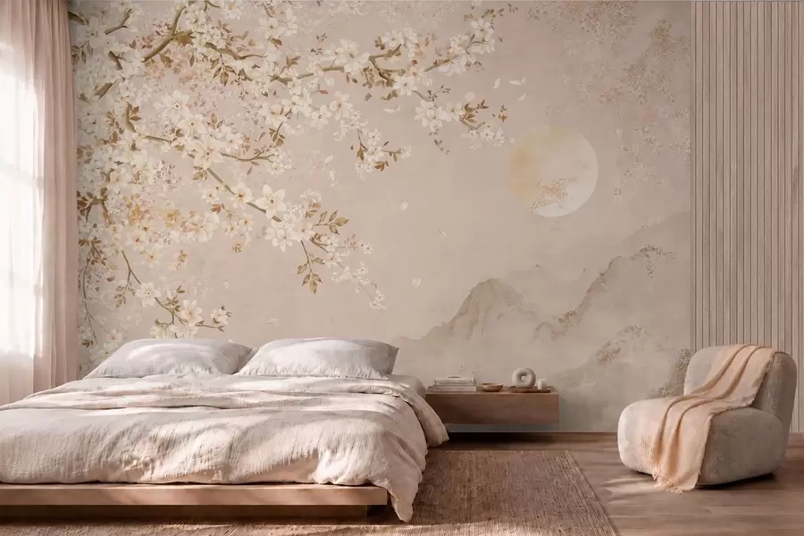murales Una rama en flor sobre las montañas envueltas en niebla y el sol w05695